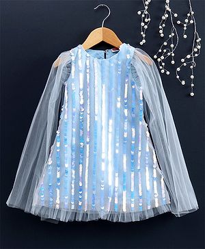Babyhug Mesh Full Sleeves Party Wear Frock with Sequins - Blue
