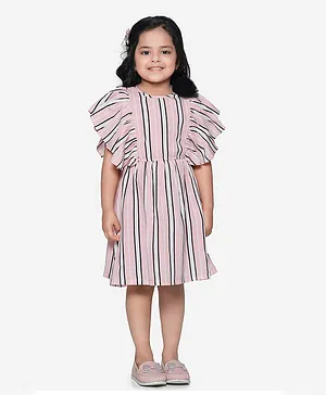 Lilpicks Couture Pearl Striped Short Sleeves Dress - Pink
