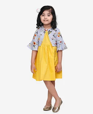 Lilpicks Couture Flower Printed Half Sleeves Shrug & Dress - Yellow