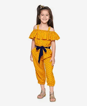 Lilpicks Couture Short Sleeves Cold Shoulder Polka Dot Print Jumpsuit - Yellow