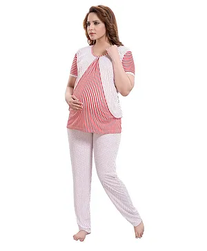 Fabme Half Sleeves Striped Maternity Night Suit - Red