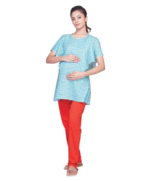 Kriti Short Sleeves Maternity Top with Bottom Zig Zag Print - Blue