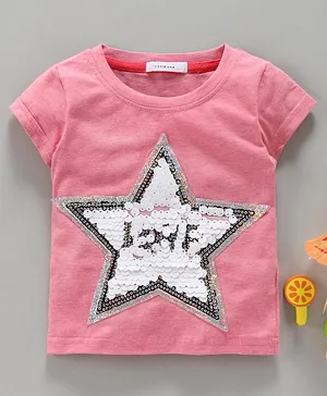 Little One Half Sleeves Top Star Sequin Patch - Pink