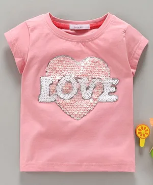 Little One Short Sleeves Top Love Sequin Patch - Pink