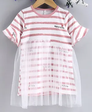 Lekeer Kids Half Sleeves Striped Frock - White Pink