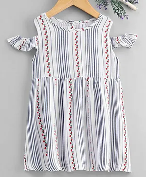 Lekeer Kids Cold Shoulder Frock Cherry Print - White Blue