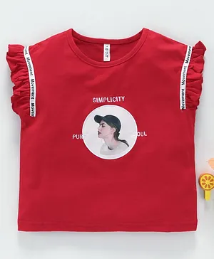 Lekeer Kids Flutter Sleeves Top Text Embroidery - Red