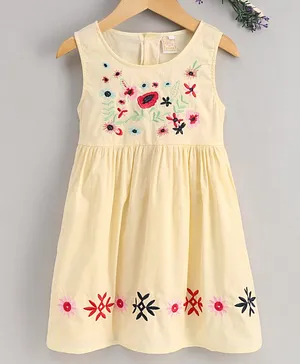 Smile Rabbit Sleeveless Floral Embroidered Frock - Yellow