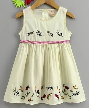 Smile Rabbit Sleeveless Floral Embroidered Frock - Light Yellow