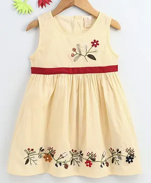Smile Rabbit Sleeveless Floral Embroidered Frock - Light Yellow