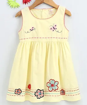 Smile Rabbit Sleeveless Floral & Butterfly Embroidered Frock - Yellow