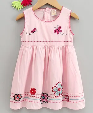 Smile Rabbit Sleeveless Floral & Butterfly Embroidered Frock - Pink