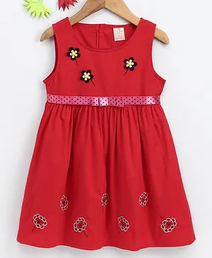 Smile Rabbit Sleeveless Floral Embroidered Frock - Red