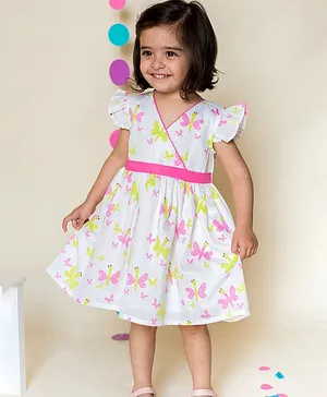 Campana All Over Butterfly Print Cap Sleeves Dress - White & Pink