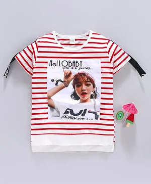 Meng Wa Half Sleeves Striped Top - White Red