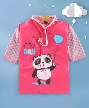 Babyhug Full Sleeves Hooded Raincoat Panda Print - Pink