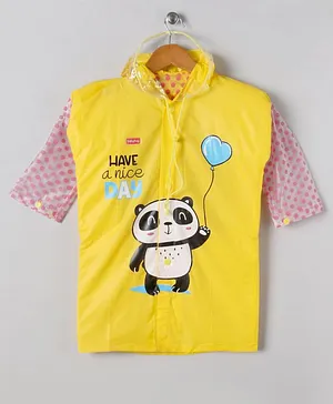 Babyhug Full Sleeves Hooded Raincoat Panda Print - Yellow