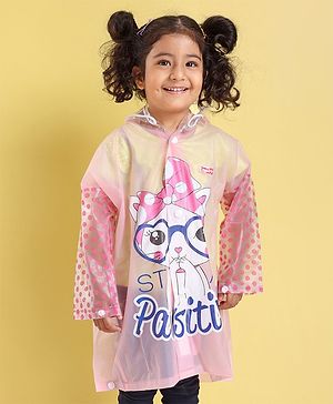 Babyhug Full Sleeves Hooded Raincoat Kitty Print - Pink