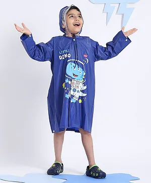 Babyhug Full Sleeves Hooded Raincoat Space Dino Print - Navy Blue