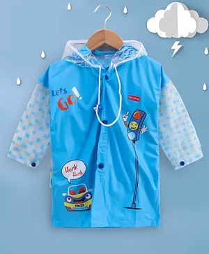 Babyhug Full Sleeves Hooded Raincoat Vehicle Print - Blue