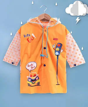 Babyhug Full Sleeves Hooded Raincoat Vehicle Print - Orange