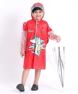 Babyhug Full Sleeves Hooded Raincoat With School Bag Provision  - Red