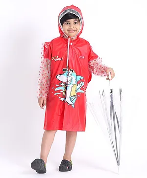 Babyhug Full Sleeves Hooded Raincoat With School Bag Provision  - Red