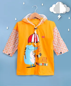 Babyhug Full Sleeves Hooded Raincoat Alligator & Text Print - Orange