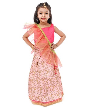 Babyhug Embroidered Ghagra and Sleeveless Choli Set with Net Dupatta - Pink