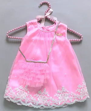 Barbie by Many Frocks & Sleeveless Flower Lace Scallop Trimmed Hem A Line Dress With Sling Bag - Pink