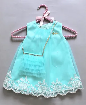 Barbie by Many Frocks & Sleeveless Beads Embellished A Line Dress With Sling Bag - Blue