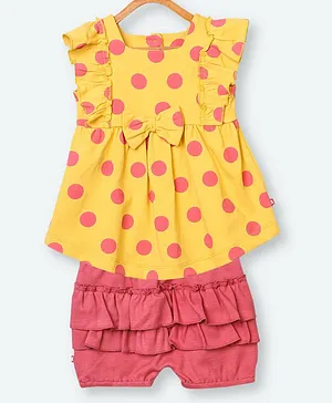 Nino Bambino 100% Organic Cotton Sleeveless Polka Dot Print Dress With Shorts - Yellow Pink