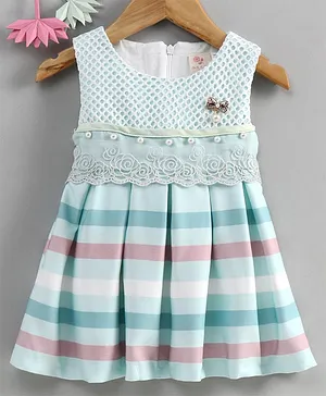 Smile Rabbit Striped Frock Rose Embroidered - Teal Blue