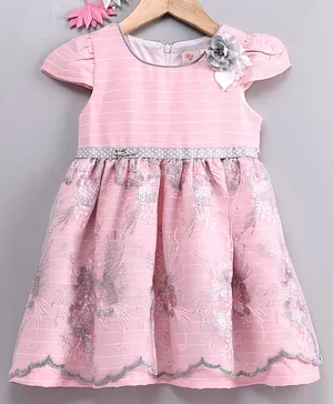 Smile Rabbit Short Sleeves Striped Frock Floral Embroidered - Pink