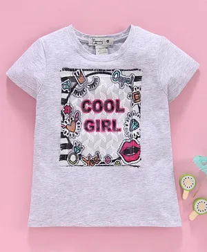 Memory Life Half Sleeves Tee Cool Girl Embroidered Patch - Grey