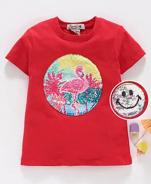 Memory Life Half Sleeves Tee 2 in 1 Design Changing Sequin Patch - Red