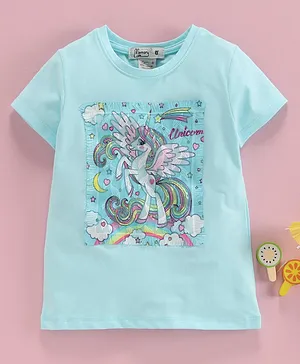 Memory Life Half Sleeves Tee Unicorn Embroidered Patch - Blue