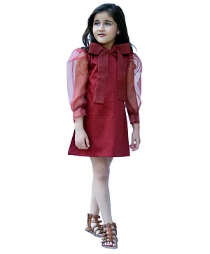 Piccolo Front Bow Puffed Full Sleeves Dress - Maroon