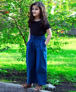 Piccolo Solid Half Sleeves Top With Corduroy Pants - Blue &  Black