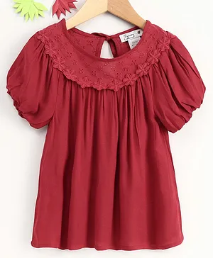 Memory Life Half Balloon Sleeves Frock Lace Detailing - Red