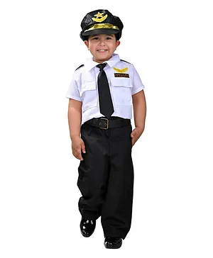 BookMyCostume Half Sleeves Pilot Fancy Dress Costume With Cap Tie & Belt - White And Black