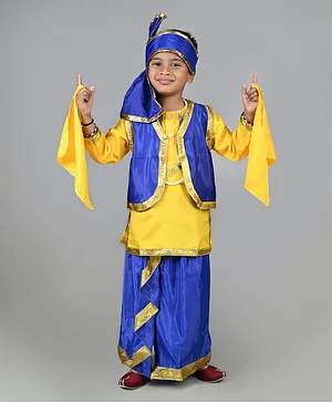 BookMyCostume Full Sleeves Punjabi Folk Dance Costume Bhangra - Blue Yellow & Golden