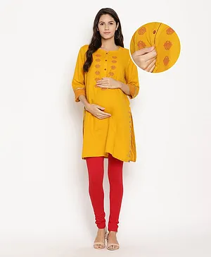 Kriti Three Fourth Sleeves Maternity Kurta Lotus Print - Yellow
