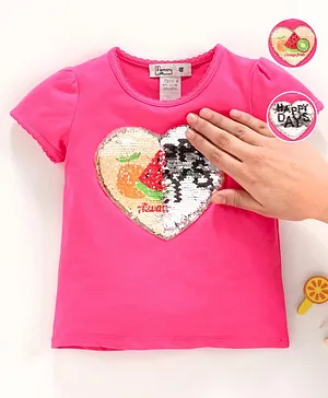 Memory Life Short Sleeves Sequin Flip Top Heart Patch Fruit Design - Pink