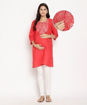 Kriti Three Fourth Sleeves Maternity Ethnic Kurta - Red