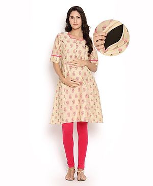 Kriti Half Sleeves Allover Print Maternity Kurta - Beige