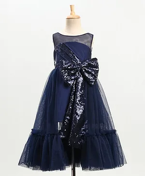 PinkCow Sleeveless Mesh Yoke Sequinned Bow Detail Gown - Navy Blue