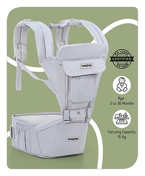Babyhug Cherish 5-in-1 Hip Seat Baby Carrier:  Ergonomic design with padded straps, Breathable fabric, Foldable head support, storage pockets, and 5 carrying positions for babies up to 15 kg-Grey