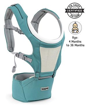Babyhug Adore 5-in-1 Hip Seat Baby Carrier: Ergonomic, Breathable fabric, Padded straps, Foldable headrest, Secure waist belt, 5 carry positions, and storage pockets for babies up to 15 kg-Green