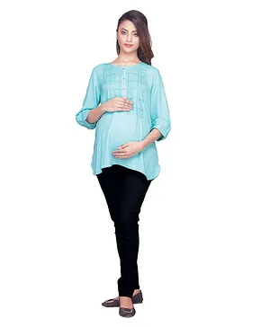 Kriti Three Fourth Sleeves Embroidered Maternity Top - Sea Green